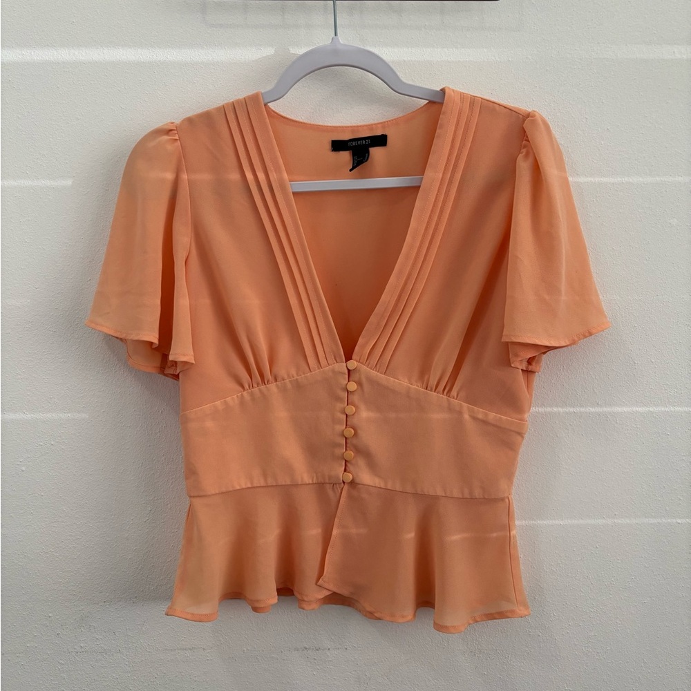 Forever 21 Orange and Pink Flutter Sleeve Peplum Blouse